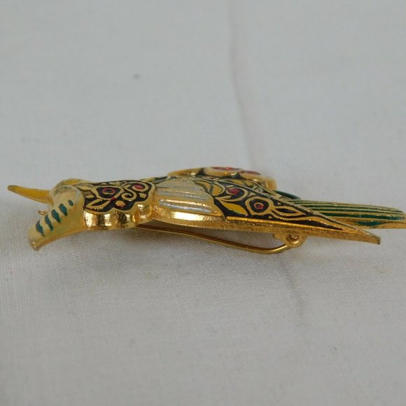 Bird Shaped Brooch Pin Layered Textured Red and Gold Tone Made in Spain 2" FLAW - Picture 5 of 8